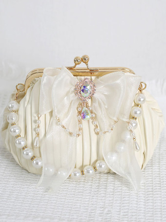 アイボリー ロココ スタイル ロリータ バッグ ボウ ブラック ラインストーン パール アクセサリー ポリエステル ロリータ アクセサリー