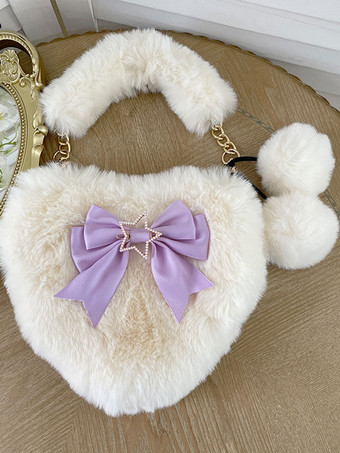 ラベンダーカラーロココ スタイル ロリータ バッグ エクリュ ホワイト ポリエステル ポンポン ボウ ポリエステル アクセサリー ロリータ アクセサリー