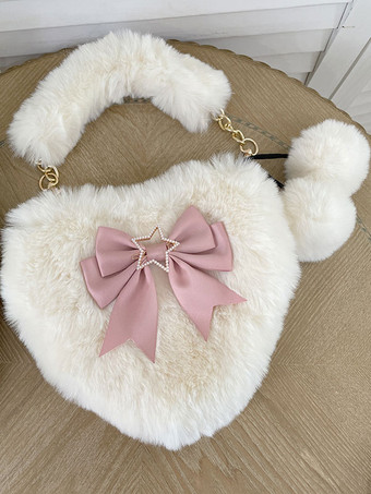 ピンクロココ スタイル ロリータ バッグ エクリュ ホワイト ポリエステル ポンポン ボウ ポリエステル アクセサリー ロリータ アクセサリー