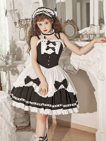 ロリータドレス ティーパーティースタイル ロリータスカート フリル ノースリーブ ポリエステル 甘い ブラック