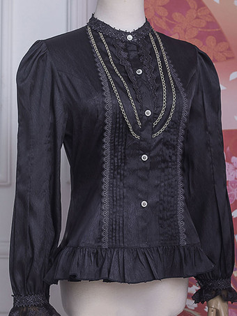 ブラック 古典的なロリータ ブラウス フリル レース長袖ブラウス ロリータ トップ ブラック ロリータ シャツ