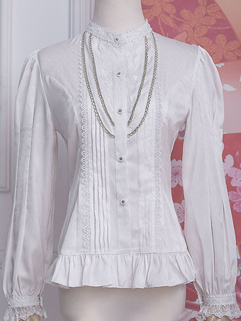 ホワイト 古典的なロリータ ブラウス フリル レース長袖ブラウス ロリータ トップ ブラック ロリータ シャツ