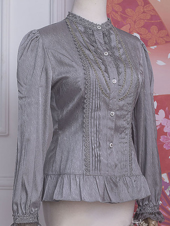 グレイ古典的なロリータ ブラウス フリル レース長袖ブラウス ロリータ トップ ブラック ロリータ シャツ