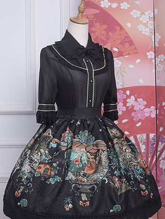 ブラック ロココ スタイル ロリータ ブラウス フリル レース ロリータ トップ ハーフ スリーブ ブラウス ホワイト ロリータ シャツ