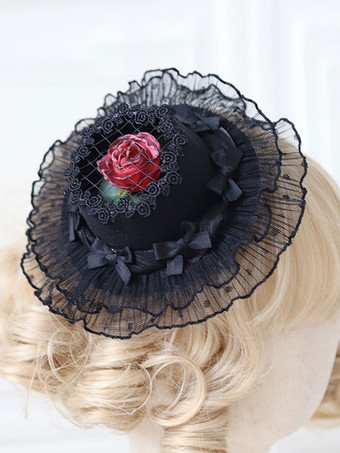 ブラック ROCOCO スタイル ロリータ ハット エクリュ ホワイト ローズ フリル アクセサリー ロリータ アクセサリー