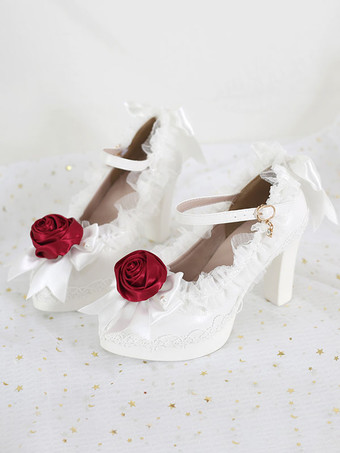 Sweet Lolita Shoes White Ruffles Bows Rose Lace Chunky Heel Lolita Pumps