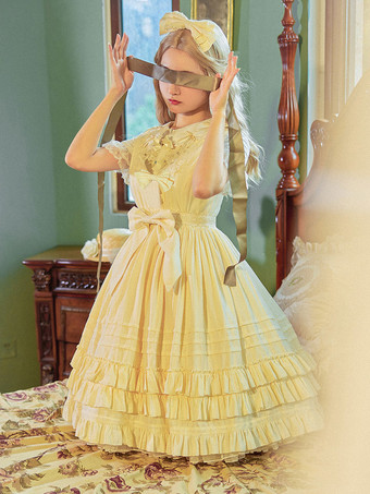 アイボリー スウィートロリータドレス ポリエステル ノースリーブ ジャンパードレス