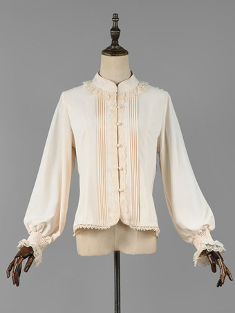 クラシックロリータブラウスロリータトップエクリュホワイトロングスリーブレースフリルロリータシャツ