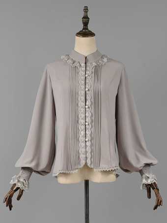 グレイクラシックロリータブラウスロリータトップエクリュホワイトロングスリーブレースフリルロリータシャツ