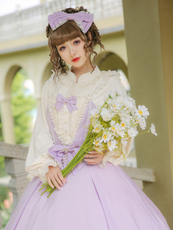 クラシックロリータブラウスロリータトップエクリュホワイトロングスリーブレースフリルロリータシャツ