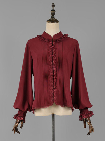 ワインレッド クラシックロリータブラウスロリータトップエクリュホワイトロングスリーブレースフリルロリータシャツ