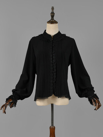 ブラック クラシックロリータブラウスロリータトップエクリュホワイトロングスリーブレースフリルロリータシャツ