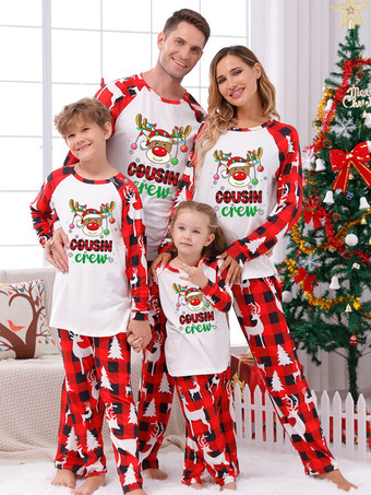 Pijamas familiares a juego de Navidad Pantalones superiores con patrón navideño de poliéster para niños adultos