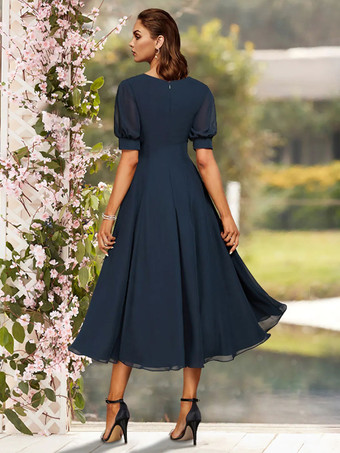 Bleu MarineRobe de soirée pour la mère de la mariée col en V manches courtes A-ligne plissé thé longueur robes d'invité de mariage personnalisation gratuite