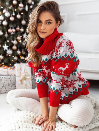 Jerséis para mujer 2024 suéteres de punto de cuello alto de Navidad