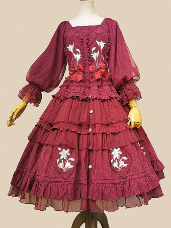 ワインレッド クラシック ロリータ ブラウス インファンタ リボン レース 長袖 ロリータ トップ トップス 花柄 ブルー グレー ロリータ シャツ