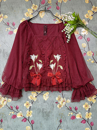 クラシック ロリータ ブラウス インファンタ リボン レース 長袖 ロリータ トップ トップス 花柄 ブルー グレー ロリータ シャツ