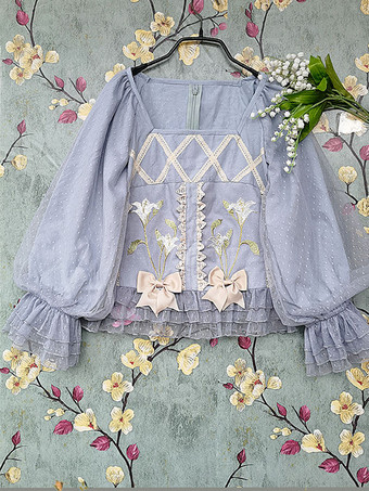 スレートグレー クラシック ロリータ ブラウス インファンタ リボン レース 長袖 ロリータ トップ トップス 花柄 ブルー グレー ロリータ シャツ