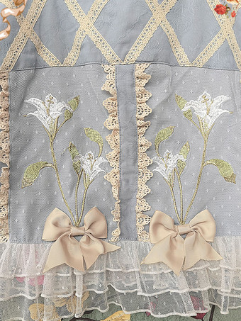 クラシック ロリータ ブラウス インファンタ リボン レース 長袖 ロリータ トップ トップス 花柄 ブルー グレー ロリータ シャツ