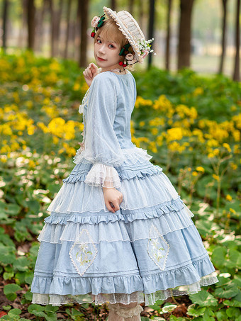 クラシック ロリータ ブラウス インファンタ リボン レース 長袖 ロリータ トップ トップス 花柄 ブルー グレー ロリータ シャツ