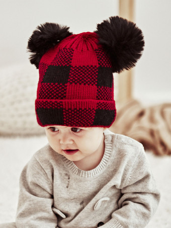 女性用キャップ モダン ポンポン チェック柄 アクリル 冬 暖かい Acc