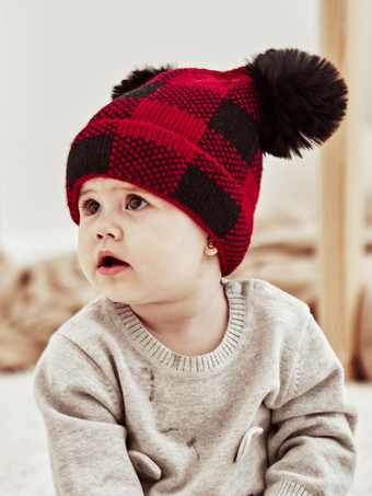 女性用キャップ モダン ポンポン チェック柄 アクリル 冬 暖かい Acc