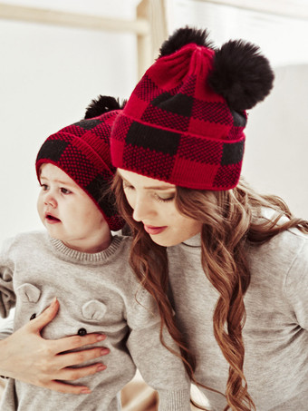 女性用キャップ モダン ポンポン チェック柄 アクリル 冬 暖かい Acc