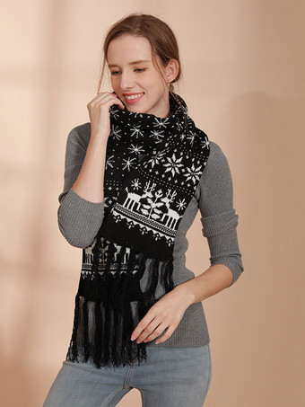 ブラックゴールド女性用スカーフ クリスマス柄 フリンジ 冬用 暖かいアクセサリー
