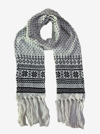 ホワイト 女性用スカーフ クリスマス柄 フリンジ 冬用 暖かいアクセサリー