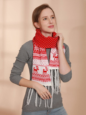 レッド女性用スカーフ クリスマス柄 フリンジ 冬用 暖かいアクセサリー