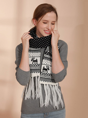 ブラックシルバー女性用スカーフ クリスマス柄 フリンジ 冬用 暖かいアクセサリー