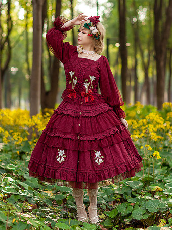 古典的なロリータ ドレス コットン刺繍入りノースリーブ ロリータ ドレス ブルゴーニュ