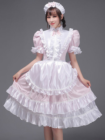 ピンクライトスカイブルーレトロコスチューム女性用フリルポリエステルチュニックドレス帽子ヴィンテージマリー・アントワネットコスチューム18世紀のコスチューム