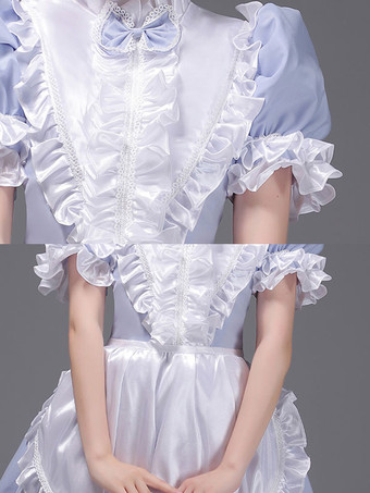 ライトスカイブルーレトロコスチューム女性用フリルポリエステルチュニックドレス帽子ヴィンテージマリー・アントワネットコスチューム18世紀のコスチューム