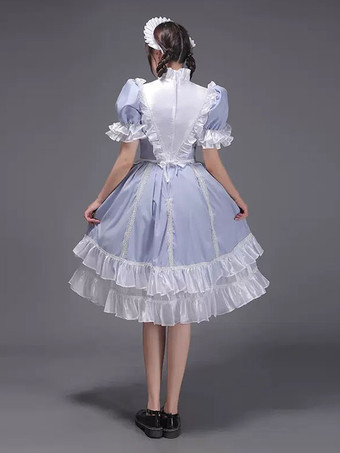 ライトスカイブルーレトロコスチューム女性用フリルポリエステルチュニックドレス帽子ヴィンテージマリー・アントワネットコスチューム18世紀のコスチューム