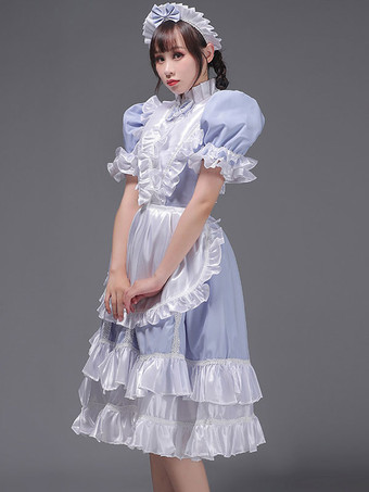 ライトスカイブルーレトロコスチューム女性用フリルポリエステルチュニックドレス帽子ヴィンテージマリー・アントワネットコスチューム18世紀のコスチューム