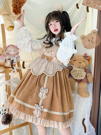 Vestido dulce de Lolita Vestido de falda de jersey con volantes sin mangas de pana