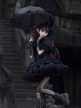 ゴシックロリータサスペンダードレスとカバーアップツーピーススーツレーストリム半袖レイヤードパフィーショートドレス