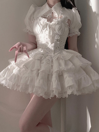ホワイト ゴシックロリータサスペンダードレスとカバーアップツーピーススーツレーストリム半袖レイヤードパフィーショートドレス