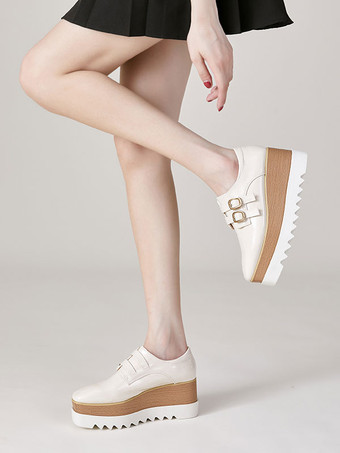 ウィメンズ ブラック オックスフォード スクエア トゥ バックル ディテール ウェッジ ヒール オックスフォード シューズ