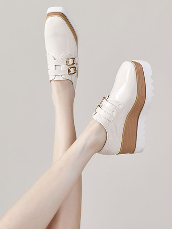 ウィメンズ ブラック オックスフォード スクエア トゥ バックル ディテール ウェッジ ヒール オックスフォード シューズ