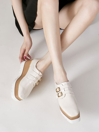 ウィメンズ ブラック オックスフォード スクエア トゥ バックル ディテール ウェッジ ヒール オックスフォード シューズ