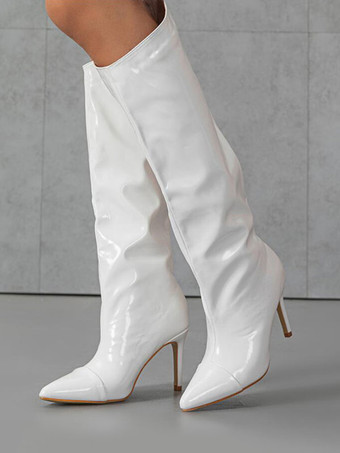 ホワイト ブルゴーニュニーハイブーツ女性ポインテッドトゥハイヒールワイドカーフブーツ女性のための