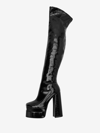 Schwarze Overknee-Stiefel für Damen mit dickem Absatz und hohen Oberschenkeln