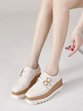 ウィメンズ ブラック オックスフォード スクエア トゥ バックル ディテール ウェッジ ヒール オックスフォード シューズ