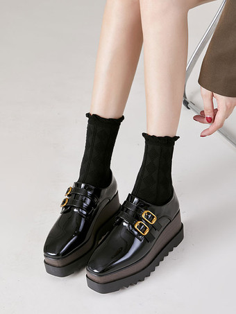 ウィメンズ ブラック オックスフォード スクエア トゥ バックル ディテール ウェッジ ヒール オックスフォード シューズ