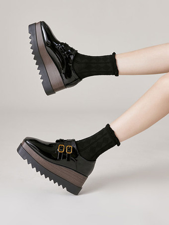 ウィメンズ ブラック オックスフォード スクエア トゥ バックル ディテール ウェッジ ヒール オックスフォード シューズ