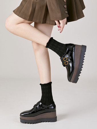 ウィメンズ ブラック オックスフォード スクエア トゥ バックル ディテール ウェッジ ヒール オックスフォード シューズ