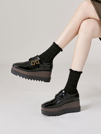 ウィメンズ ブラック オックスフォード スクエア トゥ バックル ディテール ウェッジ ヒール オックスフォード シューズ