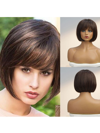 Human Hair Wigs Deep Brown Straight Mixed-hair Layered Medium Unisex Women Short Wig